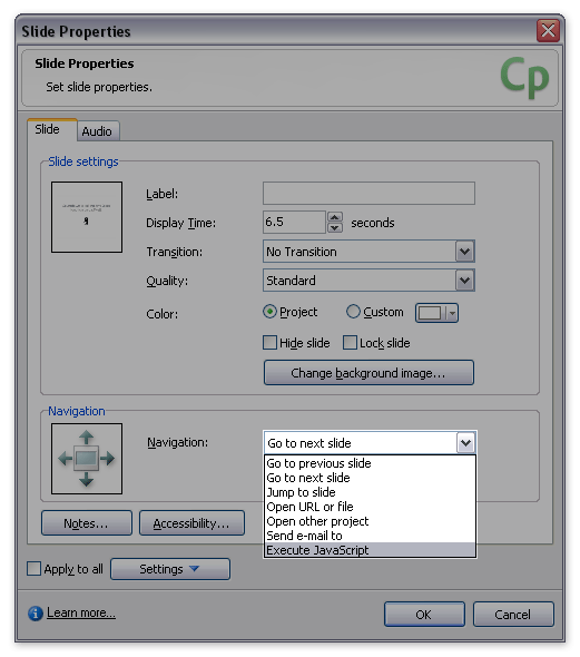 Screenshot of Captivate's "Slide Properties" window