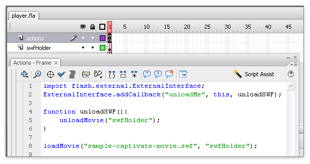 Screenshot of Flash's "Actions" window