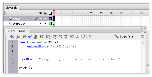 Screenshot of Flash's "Actions" window