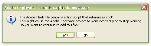 Screenshot of Captivate's "root" warning